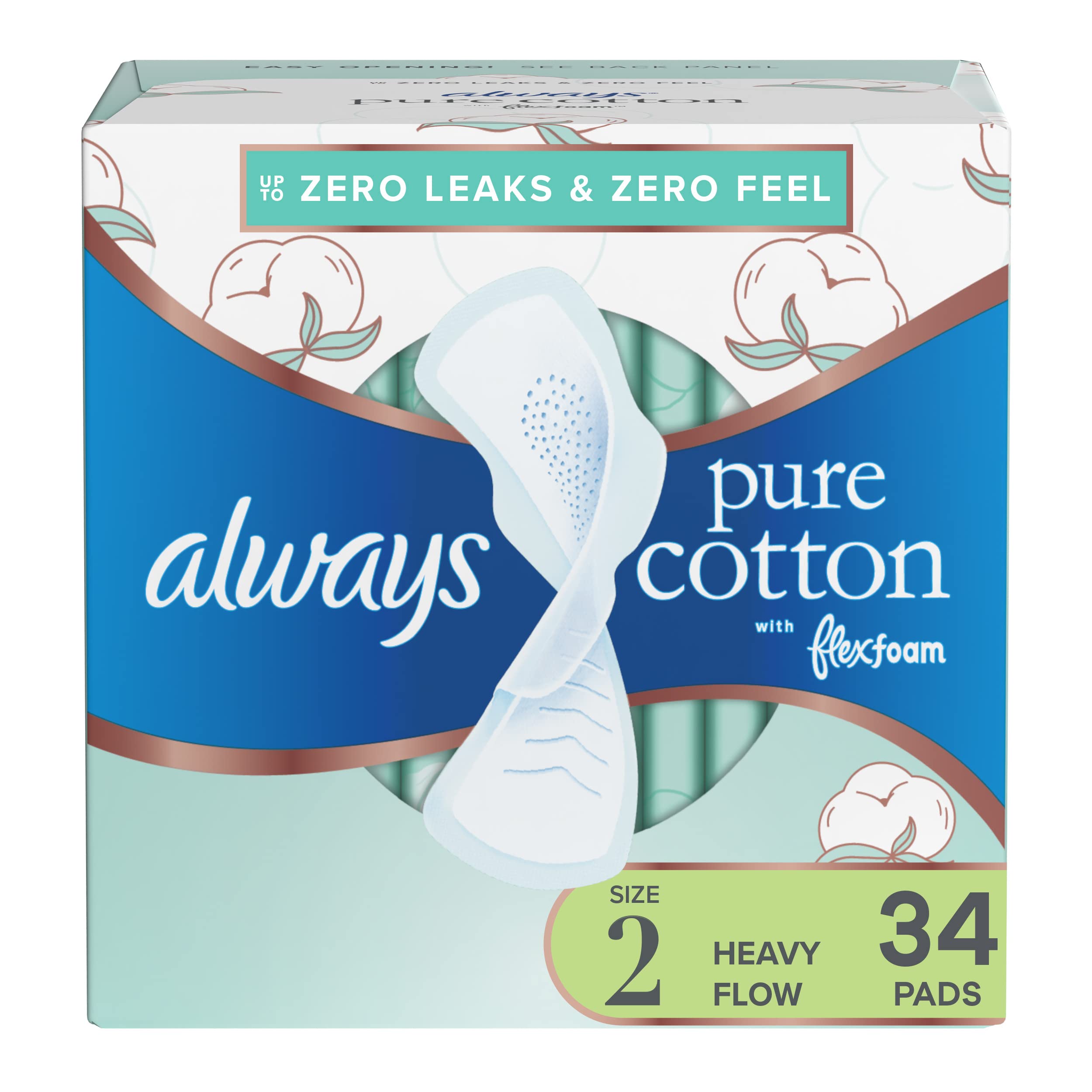Always Pure Heavy Flow Cotton Feminine Pads for Women with Wings, Unscented, 34 CT