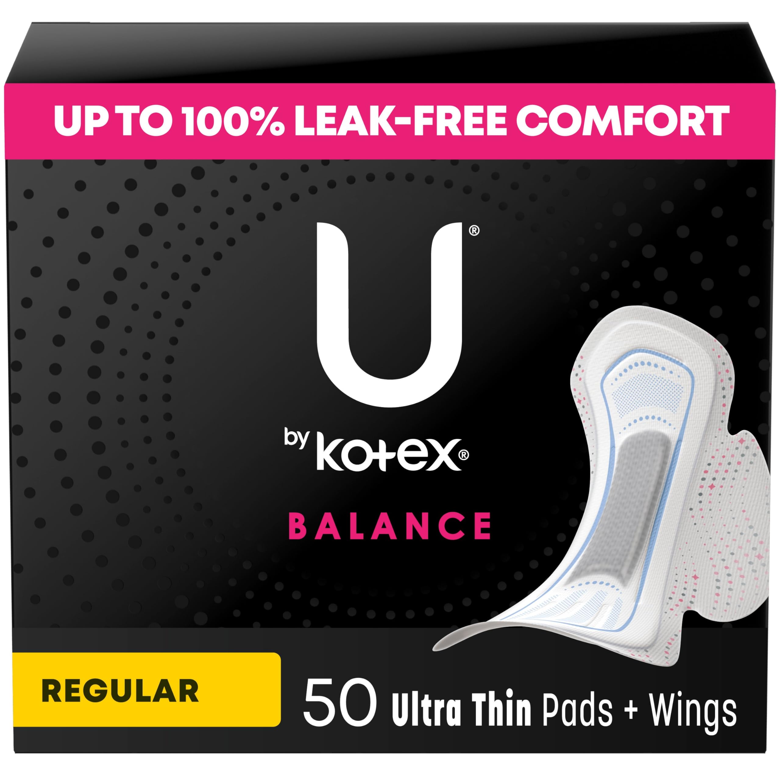 U by Kotex Balance Ultra Thin Pads with Wings Regular Absorbency 50 Count for Light to Moderate Flow Periods During Day