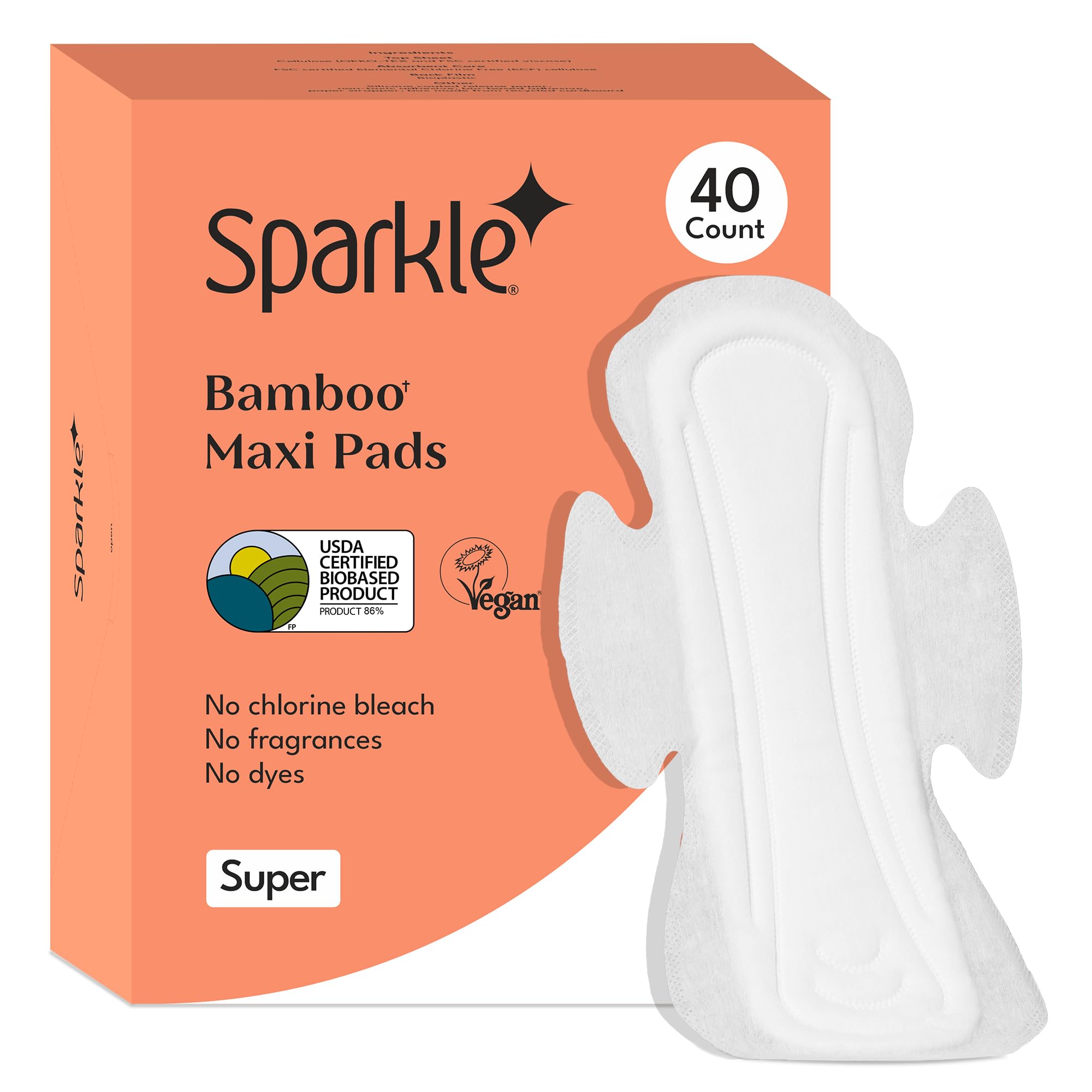 Sparkle Bamboo Maxi Pads | Super Soft & Leak-Proof Feminine Hygiene Pads for Women | USDA Certified Biobased, Chlorine-F