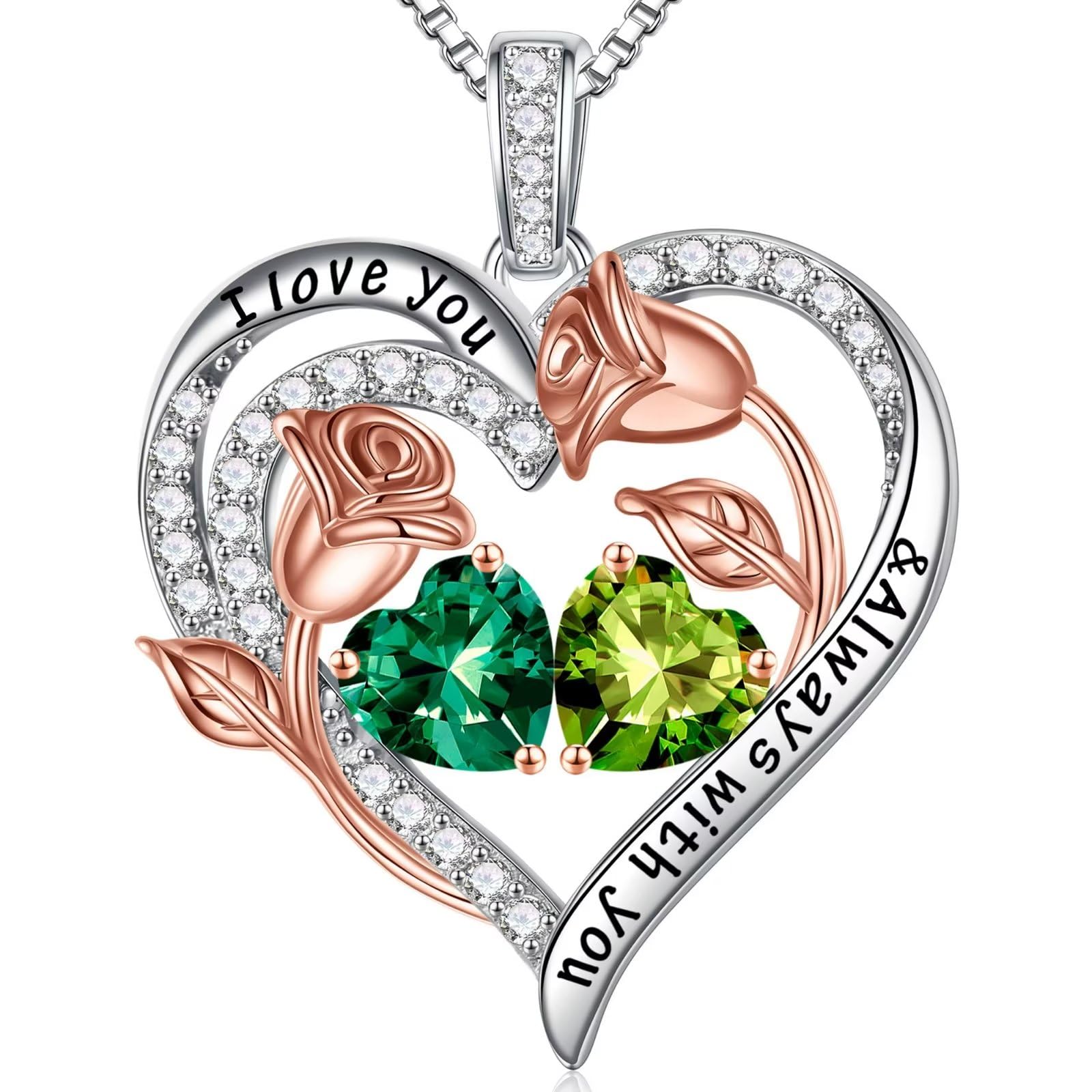 Iefil Sterling Silver Rose Heart Birthstone Necklace for Women as Birthday Anniversary Jewelry Gifts for Her Wife Mom Da